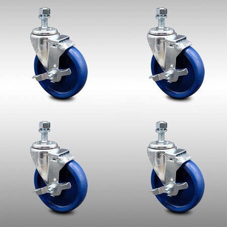 Service Caster 5 Inch SS Solid Polyurethane Swivel 3/8 Inch Threaded Stem Caster Set Brake SCC SCC-SSTS20S514-SPUS-TLB-381615-4